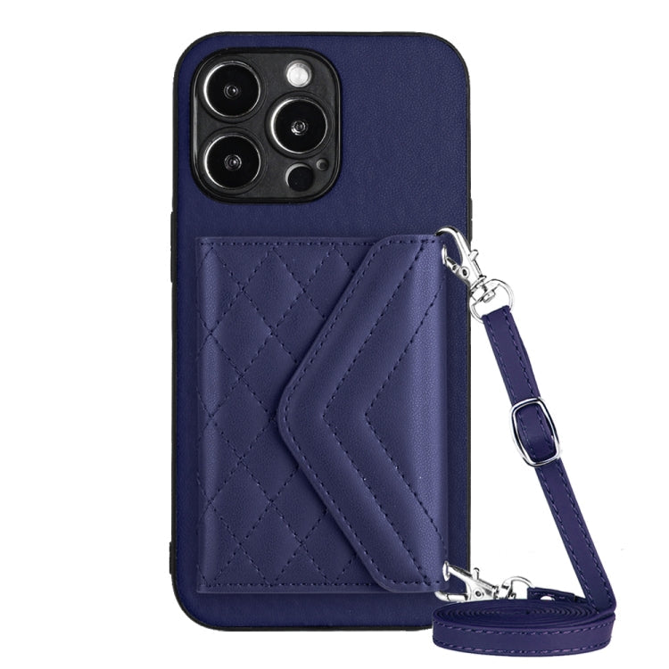 Rhombic Texture Card Bag RFID Phone Case with Long Lanyard – Lanyard, Leather, TPU, For iPhone 14 Plus, For iPhone 14, For iPhone 14 Pro, For iPhone 14 Pro Max For iPhone 14 Pro Max Blue