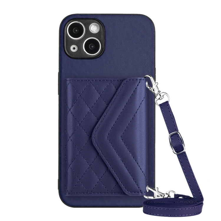 Rhombic Texture Card Bag RFID Phone Case with Long Lanyard – Lanyard, Leather, TPU, For iPhone 15 Pro Max, For iPhone 15 Pro, For iPhone 15 Plus, For iPhone 15 For iPhone 15 Blue