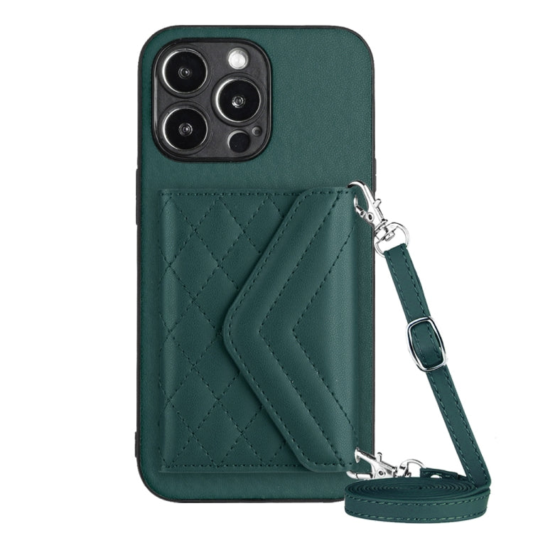 Rhombic Texture Card Bag RFID Phone Case with Long Lanyard, For iPhone 15 Pro Max, For iPhone 15 Pro, For iPhone 15 Plus, For iPhone 15 For iPhone 15 Pro Max Green