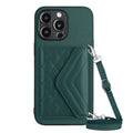 Rhombic Texture Card Bag RFID Phone Case with Long Lanyard, For iPhone 15 Pro Max, For iPhone 15 Pro, For iPhone 15 Plus, For iPhone 15 For iPhone 15 Pro Max Green