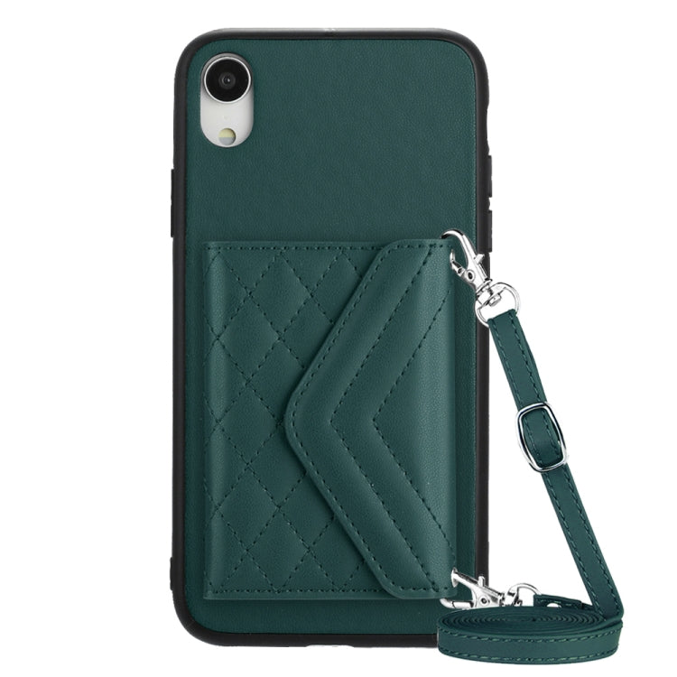 Rhombic Texture Card Bag RFID Phone Case with Long Lanyard – Lanyard, Leather, TPU, For iPhone XS / X, For iPhone XR, For iPhone XS Max, For iPhone 8 Plus / 7 Plus For iPhone XR Green