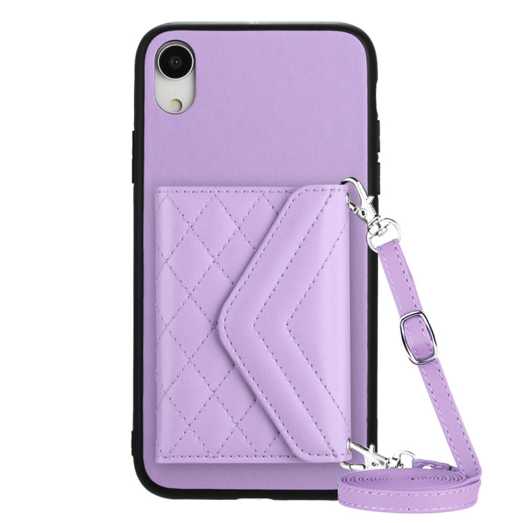 Rhombic Texture Card Bag RFID Phone Case with Long Lanyard – Lanyard, Leather, TPU, For iPhone XS / X, For iPhone XR, For iPhone XS Max, For iPhone 8 Plus / 7 Plus For iPhone XR Light Purple