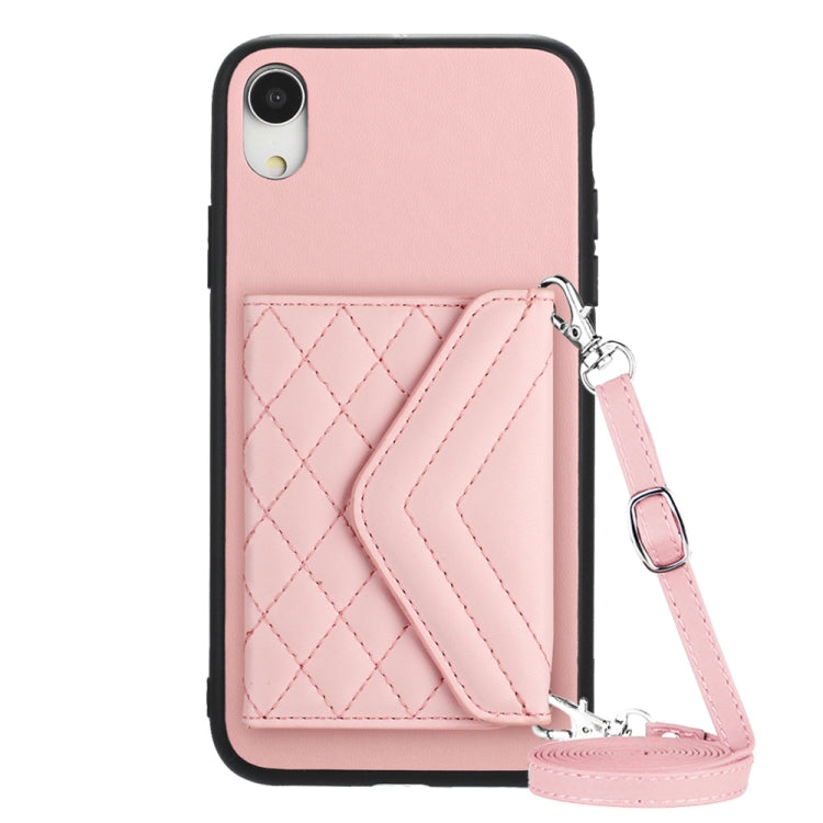 Rhombic Texture Card Bag RFID Phone Case with Long Lanyard – Lanyard, Leather, TPU, For iPhone XS / X, For iPhone XR, For iPhone XS Max, For iPhone 8 Plus / 7 Plus For iPhone XR Rose Gold