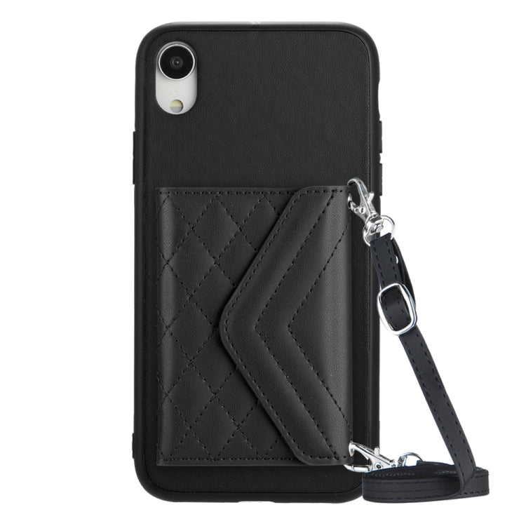 Rhombic Texture Card Bag RFID Phone Case with Long Lanyard – Lanyard, Leather, TPU, For iPhone XS / X, For iPhone XR, For iPhone XS Max, For iPhone 8 Plus / 7 Plus For iPhone XR Black