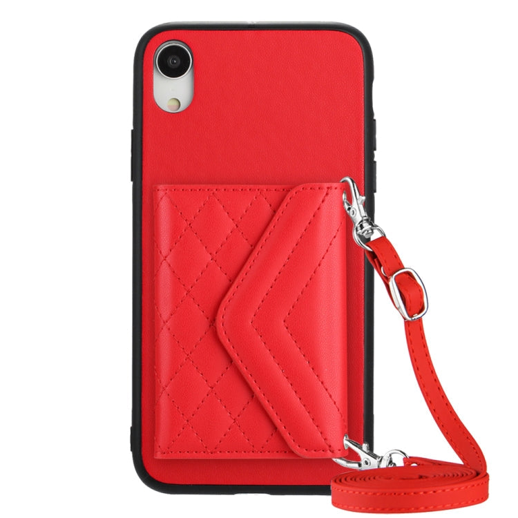 Rhombic Texture Card Bag RFID Phone Case with Long Lanyard – Lanyard, Leather, TPU, For iPhone XS / X, For iPhone XR, For iPhone XS Max, For iPhone 8 Plus / 7 Plus For iPhone XR Red