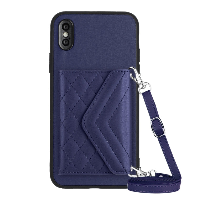 Rhombic Texture Card Bag RFID Phone Case with Long Lanyard – Lanyard, Leather, TPU, For iPhone XS / X, For iPhone XR, For iPhone XS Max, For iPhone 8 Plus / 7 Plus For iPhone XS Max Blue
