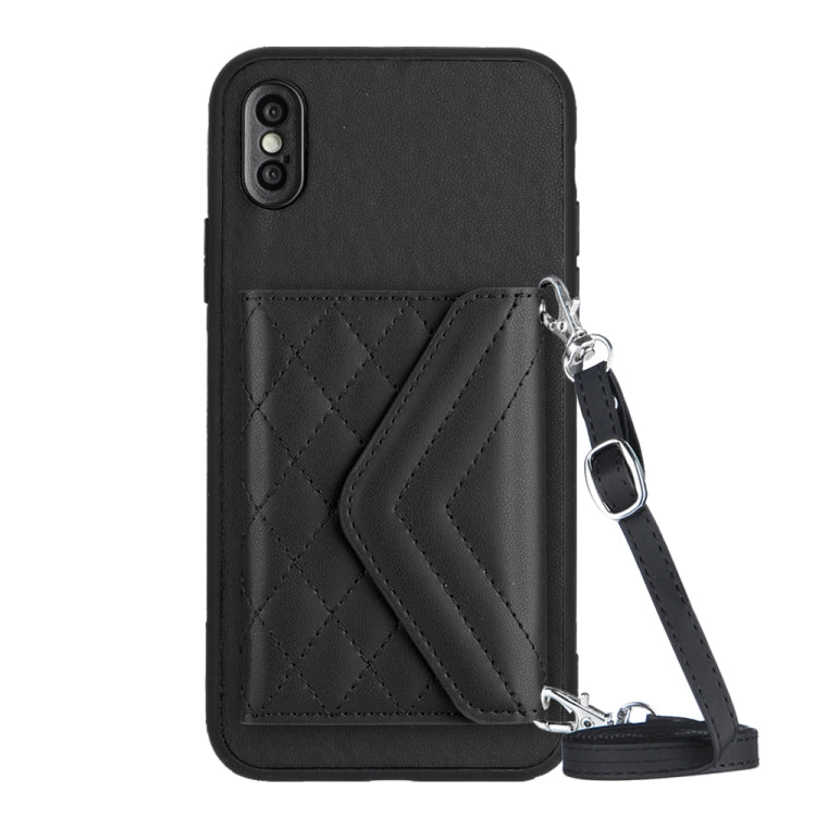 Rhombic Texture Card Bag RFID Phone Case with Long Lanyard – Lanyard, Leather, TPU, For iPhone XS / X, For iPhone XR, For iPhone XS Max, For iPhone 8 Plus / 7 Plus For iPhone XS X Black