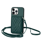 Rhombic Texture Card Bag RFID Phone Case with Long Lanyard, For iPhone 16 Pro Max, For iPhone 16 Pro, For iPhone 16 Plus, For iPhone 16 For iPhone 16 Pro Max Green
