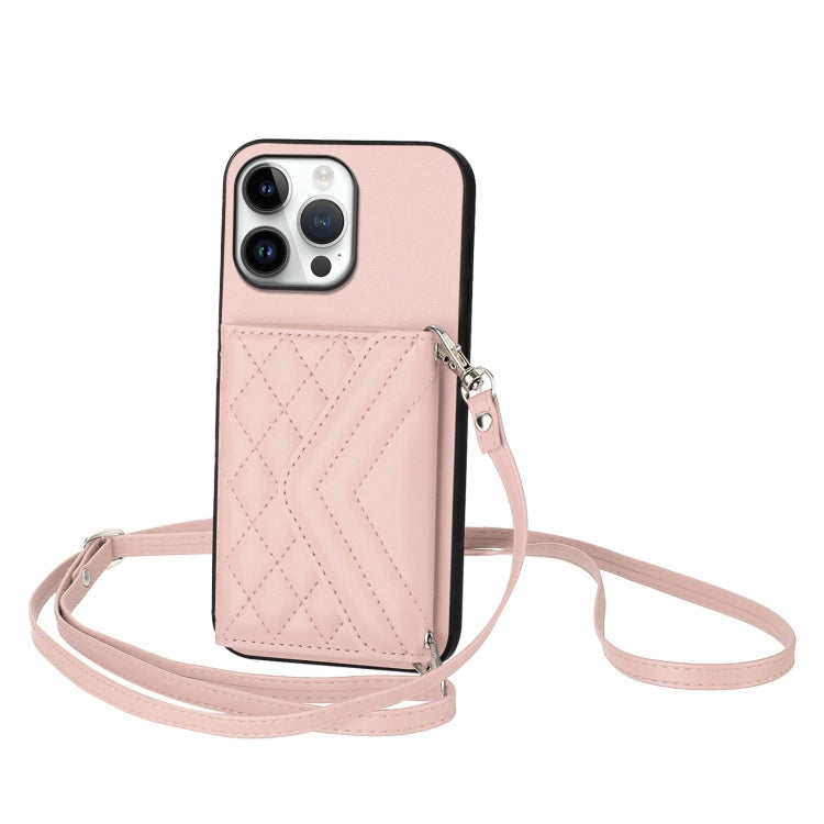 Rhombic Texture Card Bag RFID Phone Case with Long Lanyard – Lanyard, Leather, TPU, For iPhone 16 Pro Max, For iPhone 16 Pro, For iPhone 16 Plus, For iPhone 16 For iPhone 16 Pro Max Rose Gold