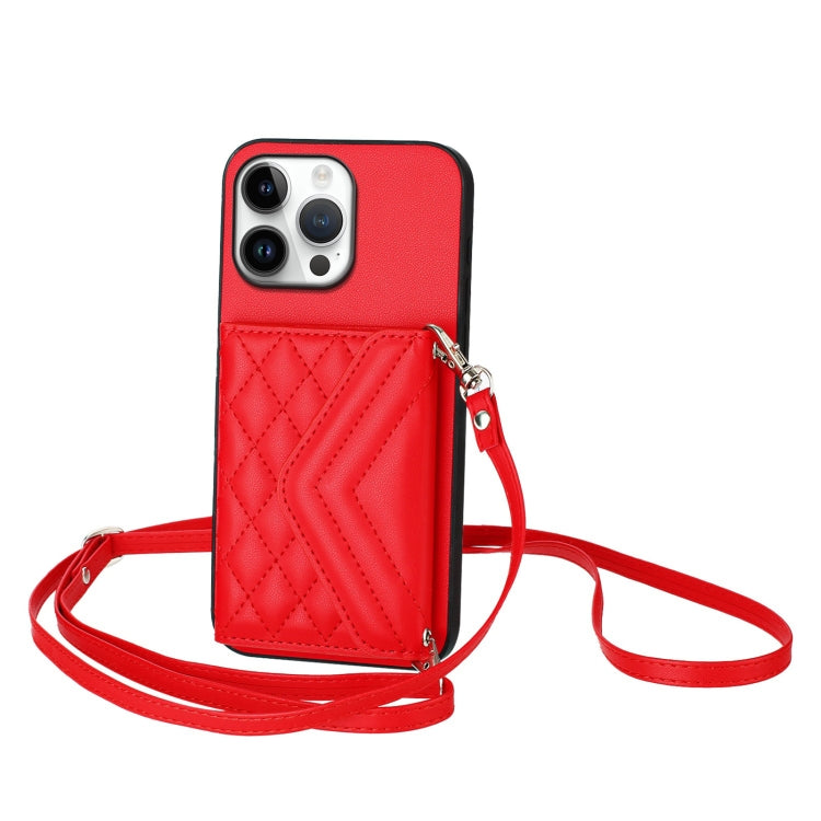 Rhombic Texture Card Bag RFID Phone Case with Long Lanyard – Lanyard, Leather, TPU, For iPhone 16 Pro Max, For iPhone 16 Pro, For iPhone 16 Plus, For iPhone 16 For iPhone 16 Pro Max Red