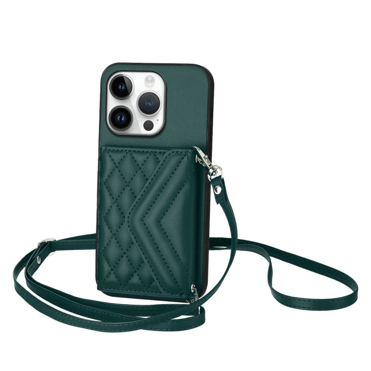 Rhombic Texture Card Bag RFID Phone Case with Long Lanyard – Lanyard, Leather, TPU, For iPhone 16 Pro Max, For iPhone 16 Pro, For iPhone 16 Plus, For iPhone 16 For iPhone 16 Pro Green