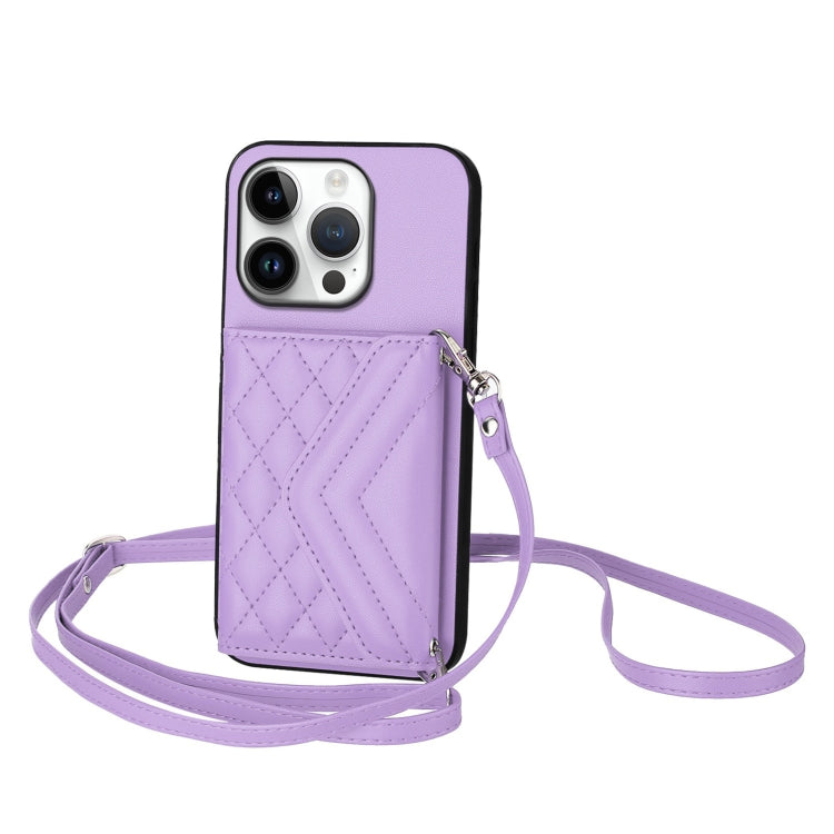 Rhombic Texture Card Bag RFID Phone Case with Long Lanyard – Lanyard, Leather, TPU, For iPhone 16 Pro Max, For iPhone 16 Pro, For iPhone 16 Plus, For iPhone 16 For iPhone 16 Pro Light Purple