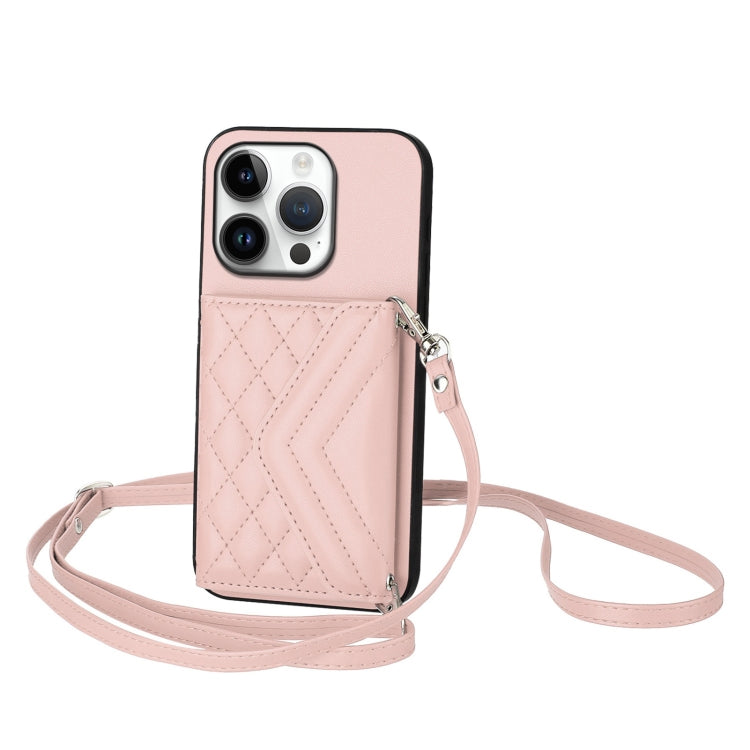 Rhombic Texture Card Bag RFID Phone Case with Long Lanyard – Lanyard, Leather, TPU, For iPhone 16 Pro Max, For iPhone 16 Pro, For iPhone 16 Plus, For iPhone 16 For iPhone 16 Pro Rose Gold