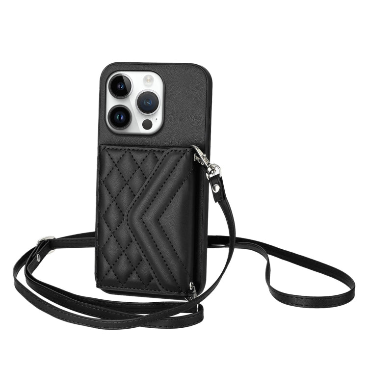 Rhombic Texture Card Bag RFID Phone Case with Long Lanyard – Lanyard, Leather, TPU, For iPhone 16 Pro Max, For iPhone 16 Pro, For iPhone 16 Plus, For iPhone 16 For iPhone 16 Pro Black