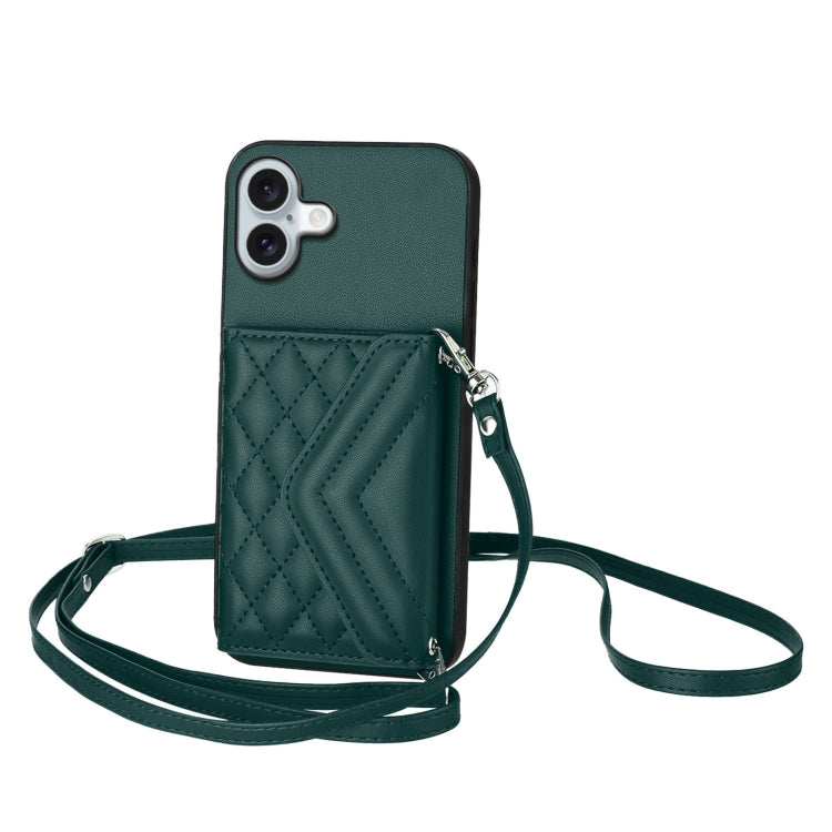 Rhombic Texture Card Bag RFID Phone Case with Long Lanyard – Lanyard, Leather, TPU, For iPhone 16 Pro Max, For iPhone 16 Pro, For iPhone 16 Plus, For iPhone 16 For iPhone 16 Plus Green