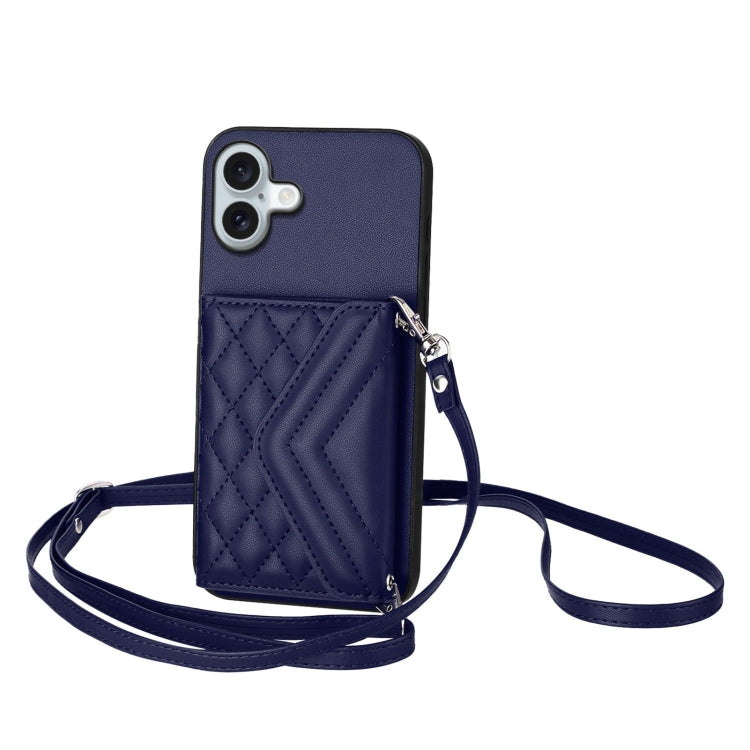 Rhombic Texture Card Bag RFID Phone Case with Long Lanyard – Lanyard, Leather, TPU, For iPhone 16 Pro Max, For iPhone 16 Pro, For iPhone 16 Plus, For iPhone 16 For iPhone 16 Plus Blue