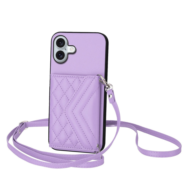 Rhombic Texture Card Bag RFID Phone Case with Long Lanyard – Lanyard, Leather, TPU, For iPhone 16 Pro Max, For iPhone 16 Pro, For iPhone 16 Plus, For iPhone 16 For iPhone 16 Plus Light Purple