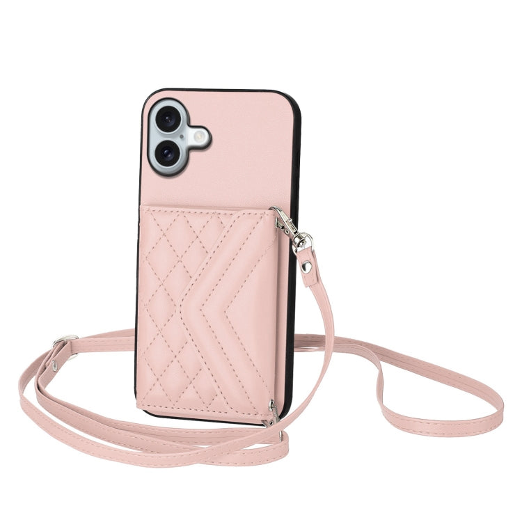 Rhombic Texture Card Bag RFID Phone Case with Long Lanyard – Lanyard, Leather, TPU, For iPhone 16 Pro Max, For iPhone 16 Pro, For iPhone 16 Plus, For iPhone 16 For iPhone 16 Plus Rose Gold