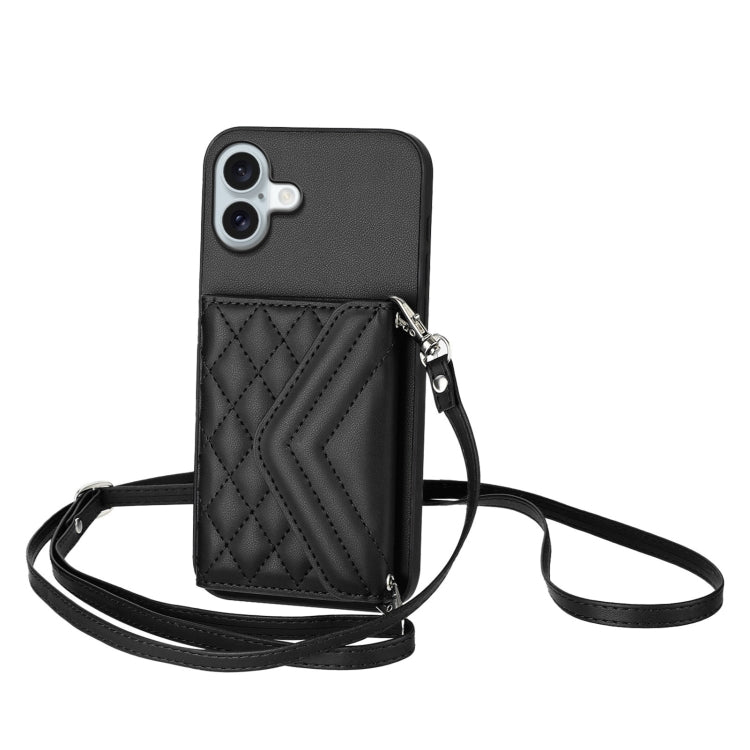 Rhombic Texture Card Bag RFID Phone Case with Long Lanyard – Lanyard, Leather, TPU, For iPhone 16 Pro Max, For iPhone 16 Pro, For iPhone 16 Plus, For iPhone 16 For iPhone 16 Plus Black