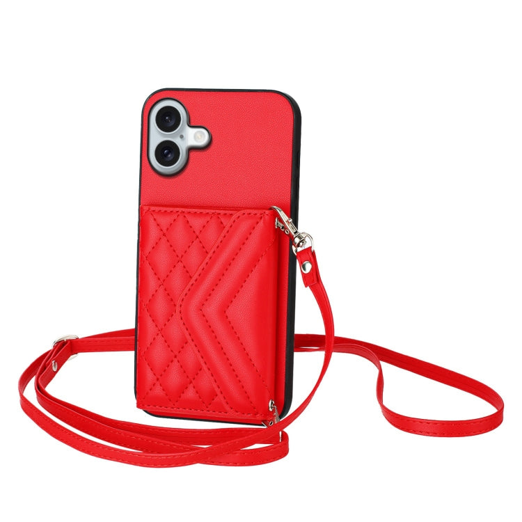 Rhombic Texture Card Bag RFID Phone Case with Long Lanyard – Lanyard, Leather, TPU, For iPhone 16 Pro Max, For iPhone 16 Pro, For iPhone 16 Plus, For iPhone 16 For iPhone 16 Plus Red