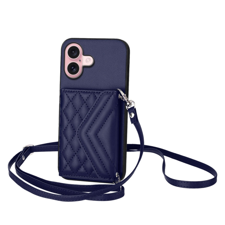 Rhombic Texture Card Bag RFID Phone Case with Long Lanyard – Lanyard, Leather, TPU, For iPhone 16 Pro Max, For iPhone 16 Pro, For iPhone 16 Plus, For iPhone 16 For iPhone 16 Blue