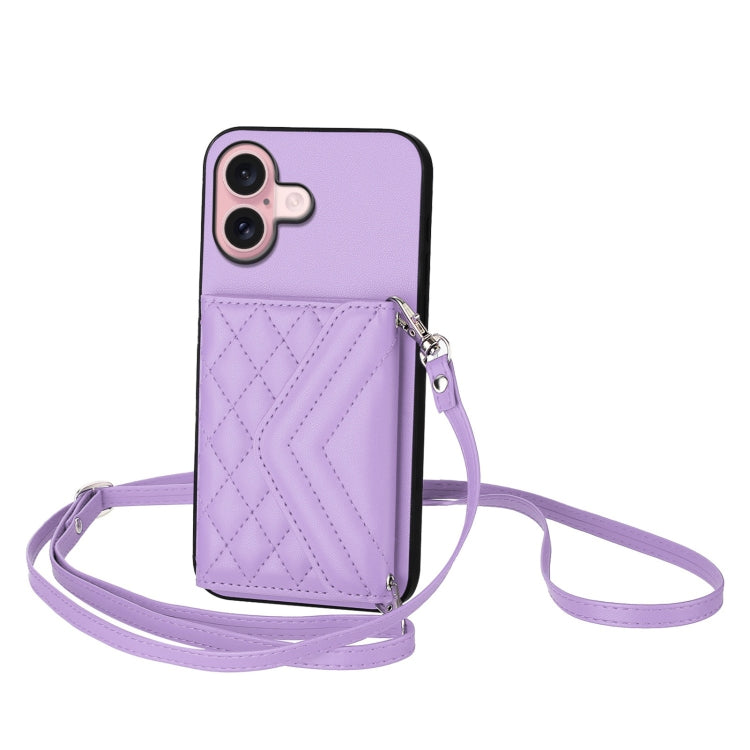 Rhombic Texture Card Bag RFID Phone Case with Long Lanyard – Lanyard, Leather, TPU, For iPhone 16 Pro Max, For iPhone 16 Pro, For iPhone 16 Plus, For iPhone 16 For iPhone 16 Light Purple