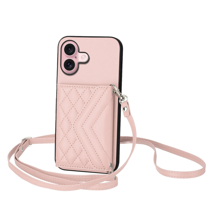 Rhombic Texture Card Bag RFID Phone Case with Long Lanyard – Lanyard, Leather, TPU, For iPhone 16 Pro Max, For iPhone 16 Pro, For iPhone 16 Plus, For iPhone 16 For iPhone 16 Rose Gold