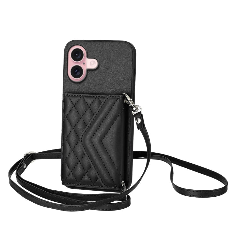 Rhombic Texture Card Bag RFID Phone Case with Long Lanyard – Lanyard, Leather, TPU, For iPhone 16 Pro Max, For iPhone 16 Pro, For iPhone 16 Plus, For iPhone 16 For iPhone 16 Black