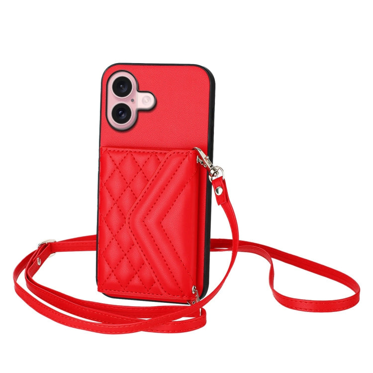 Rhombic Texture Card Bag RFID Phone Case with Long Lanyard – Lanyard, Leather, TPU, For iPhone 16 Pro Max, For iPhone 16 Pro, For iPhone 16 Plus, For iPhone 16 For iPhone 16 Red