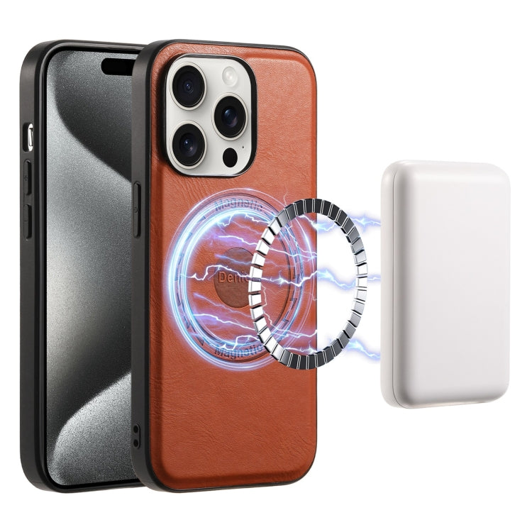 Denior Cowhide Texture Leather MagSafe Phone Case – Wear-resistant, Leather, Wireless Charging, For iPhone 16 Pro Max, For iPhone 16 Pro, For iPhone 16 Plus, For iPhone 16, For iPhone 15 Pro Max, For iPhone 15 Pro For iPhone 15 Pro Max Brown