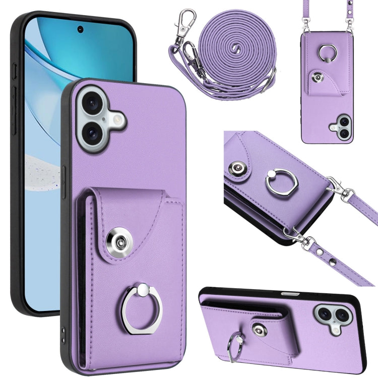 Organ Card Bag Ring Holder Phone Case with Long Lanyard – Wear-resistant, Ring Holder, Lanyard, For iPhone Air, For iPhone 16 Pro Max, For iPhone 16 Pro, For iPhone 16 Plus For iPhone 16 Plus Purple