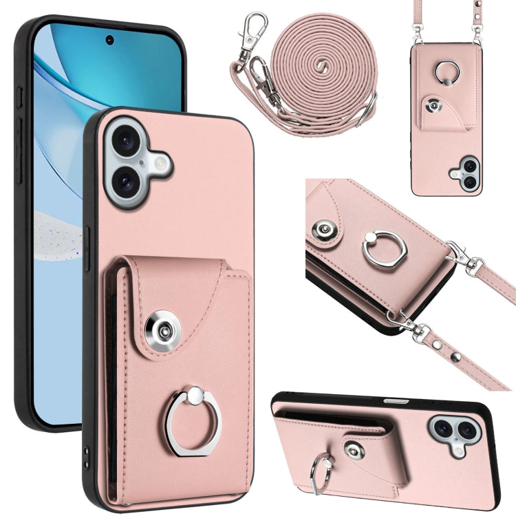 Organ Card Bag Ring Holder Phone Case with Long Lanyard – Wear-resistant, Ring Holder, Lanyard, For iPhone Air, For iPhone 16 Pro Max, For iPhone 16 Pro, For iPhone 16 Plus For iPhone 16 Plus Pink