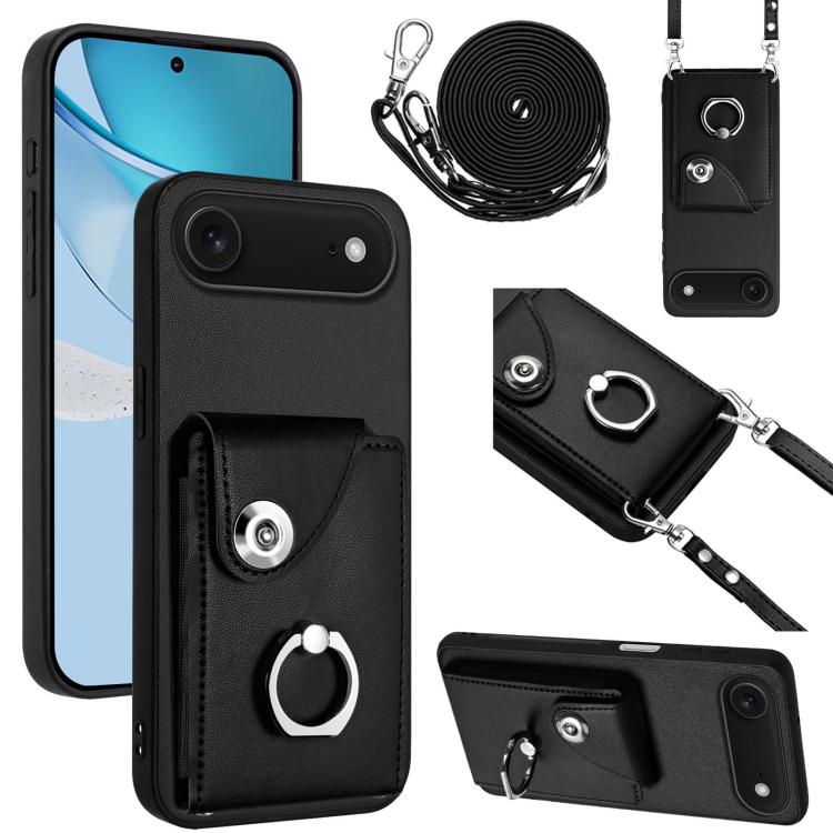 Organ Card Bag Ring Holder Phone Case with Long Lanyard – Wear-resistant, Ring Holder, Lanyard, For iPhone Air, For iPhone 16 Pro Max, For iPhone 16 Pro, For iPhone 16 Plus For iPhone Air Black