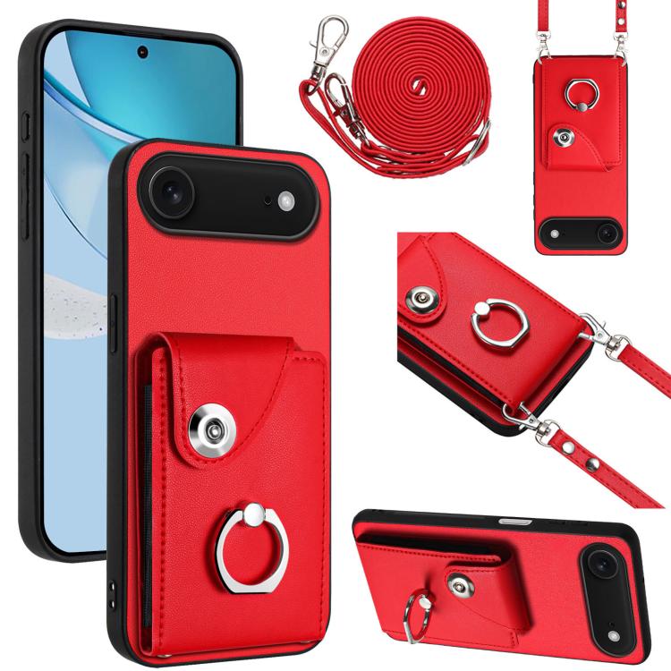 Organ Card Bag Ring Holder Phone Case with Long Lanyard – Wear-resistant, Ring Holder, Lanyard, For iPhone Air, For iPhone 16 Pro Max, For iPhone 16 Pro, For iPhone 16 Plus For iPhone Air Red