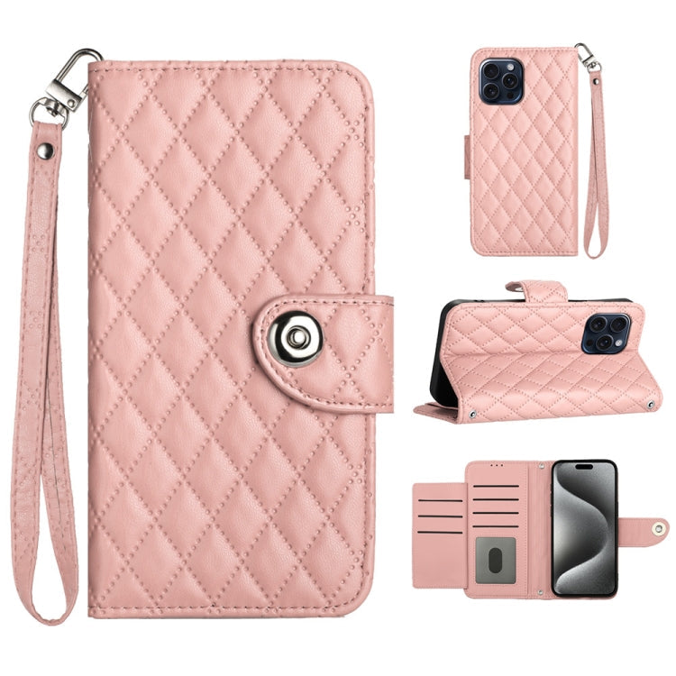 Rhombic Texture Flip Leather Phone Case with Lanyard – Wear-resistant, Lanyard, Card Slot, For iPhone 16, For iPhone 15 Pro Max, For iPhone 15 Pro, For iPhone 15 Plus For iPhone 15 Pro Max Coral Pink