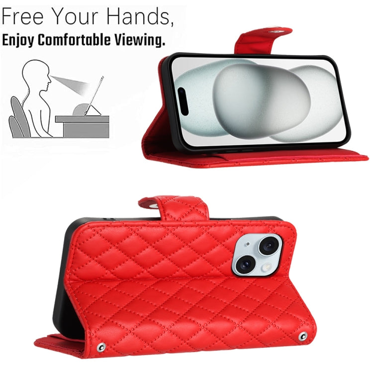 Rhombic Texture Flip Leather Phone Case with Lanyard – Wear-resistant, Lanyard, Card Slot, For iPhone 15, For iPhone 14 Plus, For iPhone 14, For iPhone 14 Pro