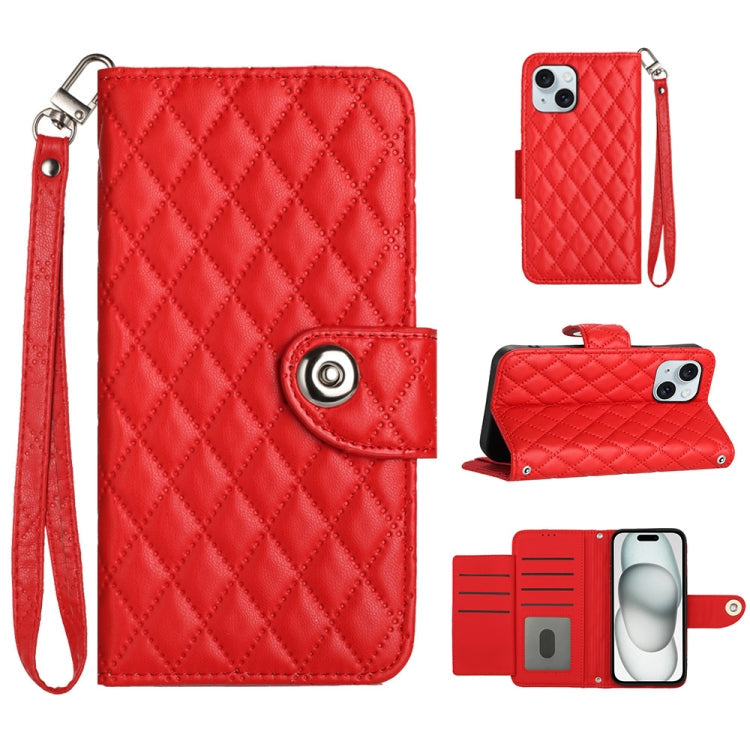 Rhombic Texture Flip Leather Phone Case with Lanyard – Wear-resistant, Lanyard, Card Slot, For iPhone 15, For iPhone 14 Plus, For iPhone 14, For iPhone 14 Pro For iPhone 14 Plus Red