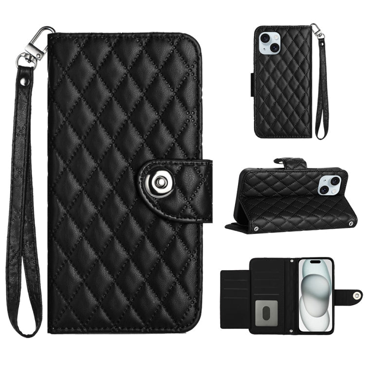 Rhombic Texture Flip Leather Phone Case with Lanyard – Wear-resistant, Lanyard, Card Slot, For iPhone 15, For iPhone 14 Plus, For iPhone 14, For iPhone 14 Pro For iPhone 14 Plus Black