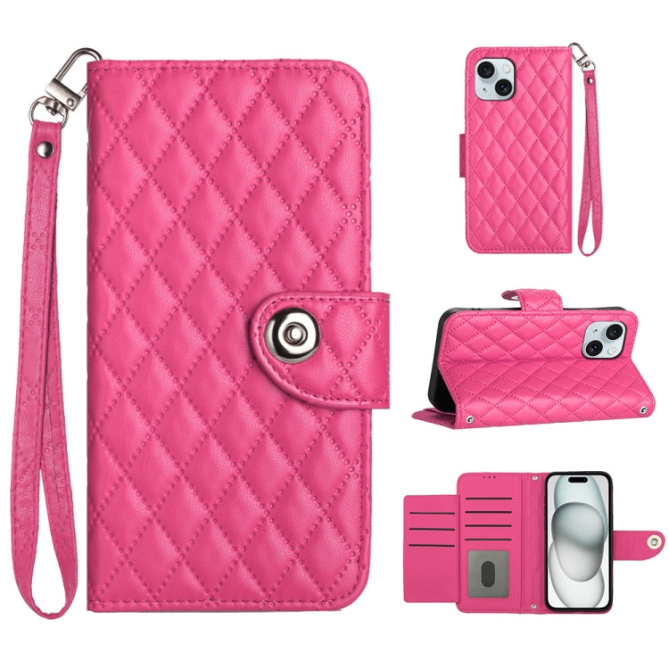 Rhombic Texture Flip Leather Phone Case with Lanyard – Wear-resistant, Lanyard, Card Slot, For iPhone 15, For iPhone 14 Plus, For iPhone 14, For iPhone 14 Pro For iPhone 14 Plus Rose Red