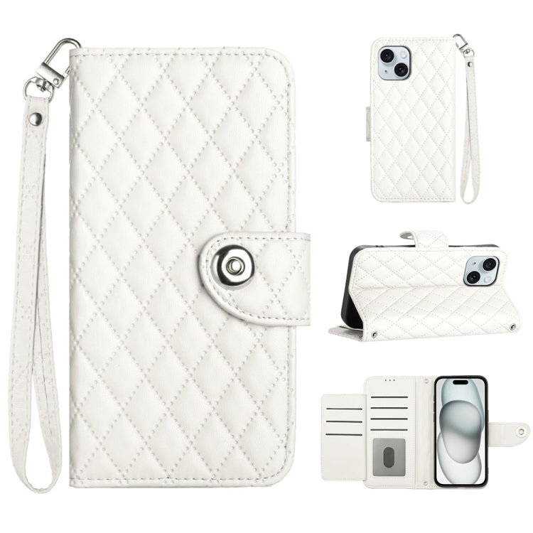 Rhombic Texture Flip Leather Phone Case with Lanyard – Wear-resistant, Lanyard, Card Slot, For iPhone 15, For iPhone 14 Plus, For iPhone 14, For iPhone 14 Pro For iPhone 14 Plus White