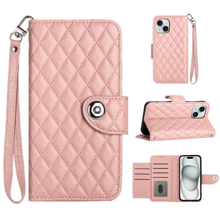 Rhombic Texture Flip Leather Phone Case with Lanyard – Wear-resistant, Lanyard, Card Slot, For iPhone 15, For iPhone 14 Plus, For iPhone 14, For iPhone 14 Pro For iPhone 14 Plus Coral Pink