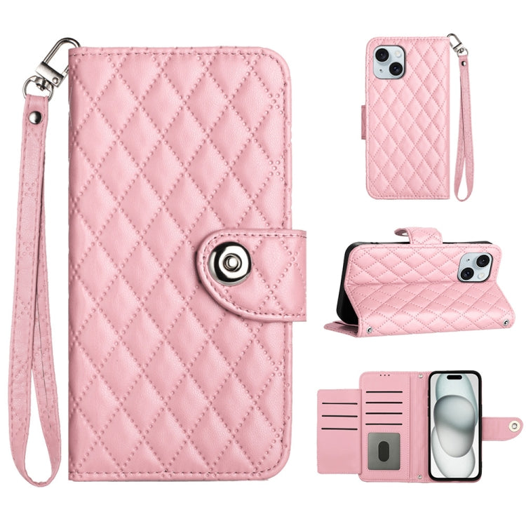 Rhombic Texture Flip Leather Phone Case with Lanyard – Wear-resistant, Lanyard, Card Slot, For iPhone 15, For iPhone 14 Plus, For iPhone 14, For iPhone 14 Pro For iPhone 14 Pink