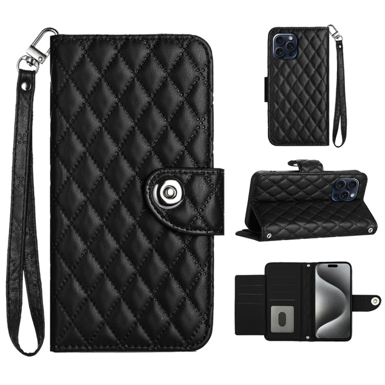 Rhombic Texture Flip Leather Phone Case with Lanyard – Wear-resistant, Lanyard, Card Slot, For iPhone 15, For iPhone 14 Plus, For iPhone 14, For iPhone 14 Pro For iPhone 14 Pro Black