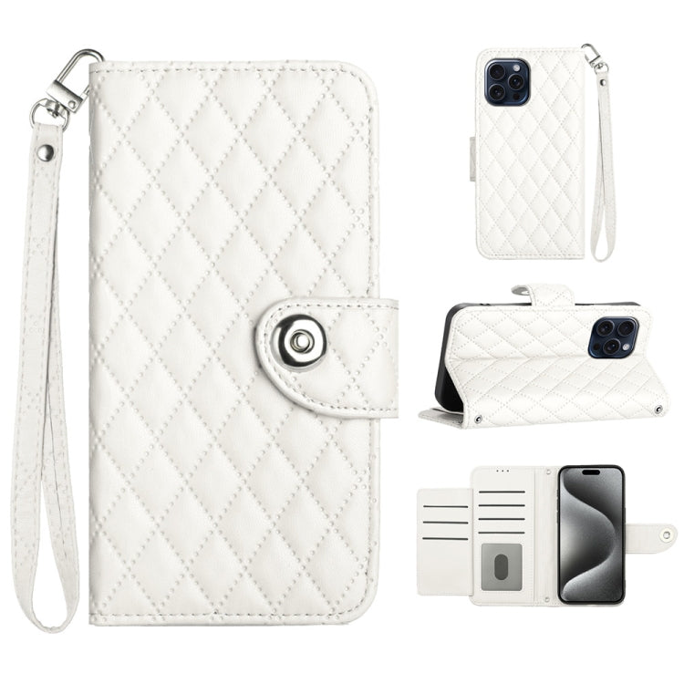 Rhombic Texture Flip Leather Phone Case with Lanyard – Wear-resistant, Lanyard, Card Slot, For iPhone 15, For iPhone 14 Plus, For iPhone 14, For iPhone 14 Pro For iPhone 14 Pro White