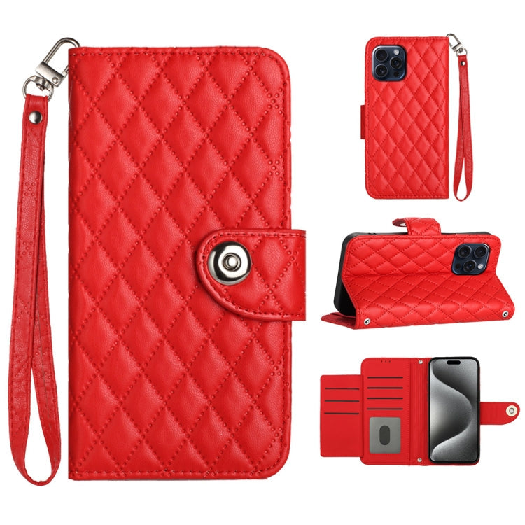 Rhombic Texture Flip Leather Phone Case with Lanyard, For iPhone 14 Pro Max, For iPhone SE 2022 / 2020 / 8 / 7, For iPhone 13 Pro Max, For iPhone 13 Pro For iPhone 14 Pro Max Red