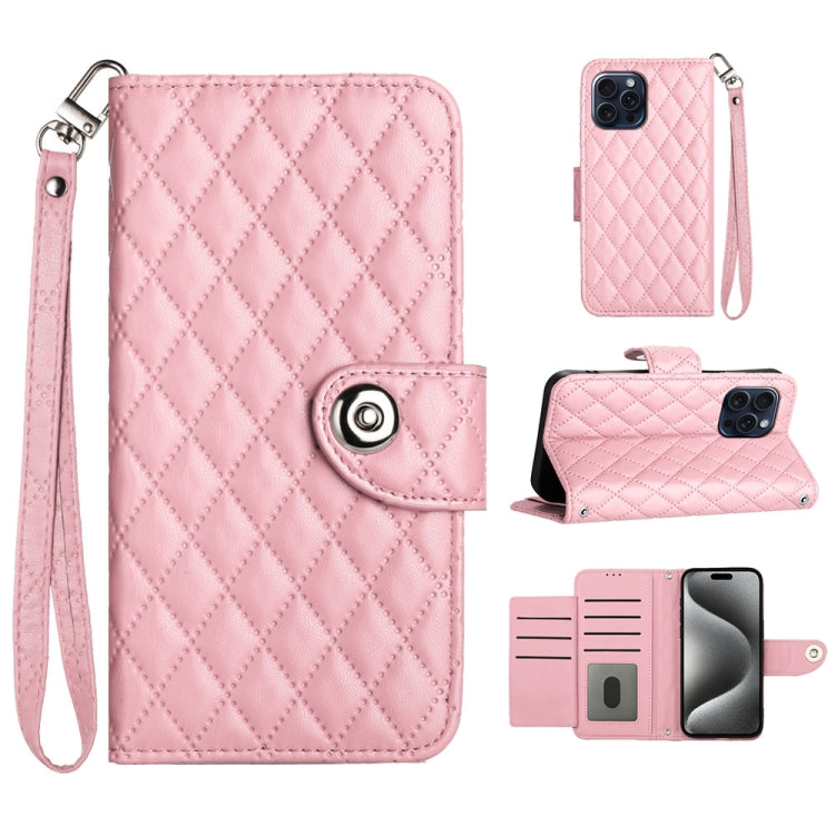 Rhombic Texture Flip Leather Phone Case with Lanyard – Wear-resistant, Lanyard, Card Slot, For iPhone 14 Pro Max, For iPhone SE 2022 / 2020 / 8 / 7, For iPhone 13 Pro Max, For iPhone 13 Pro For iPhone 13 Pro Max Pink