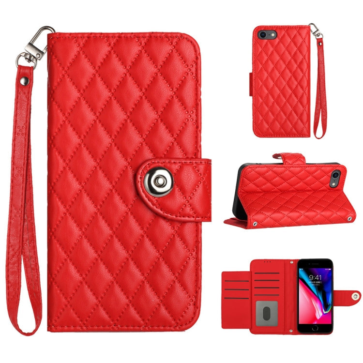 Rhombic Texture Flip Leather Phone Case with Lanyard – Wear-resistant, Lanyard, Card Slot, For iPhone 14 Pro Max, For iPhone SE 2022 / 2020 / 8 / 7, For iPhone 13 Pro Max, For iPhone 13 Pro For iPhone SE 2022 2020 8 7 Red