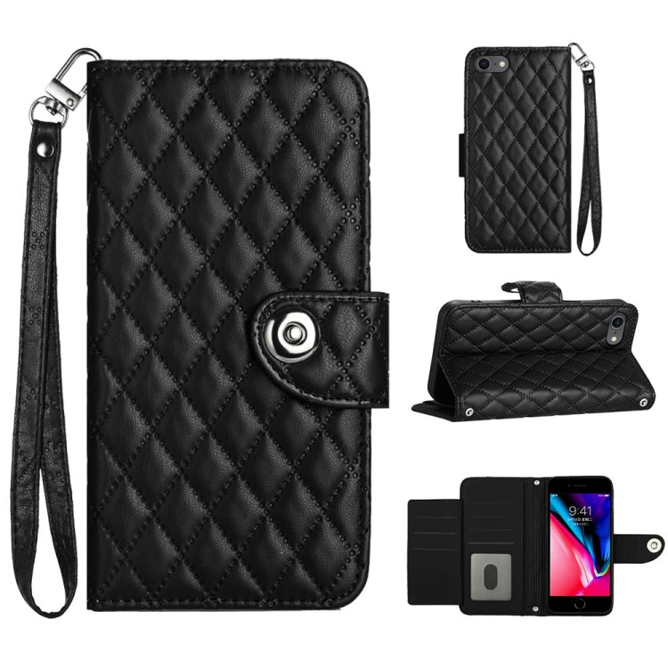 Rhombic Texture Flip Leather Phone Case with Lanyard – Wear-resistant, Lanyard, Card Slot, For iPhone 14 Pro Max, For iPhone SE 2022 / 2020 / 8 / 7, For iPhone 13 Pro Max, For iPhone 13 Pro For iPhone SE 2022 2020 8 7 Black