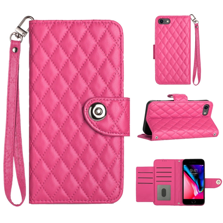 Rhombic Texture Flip Leather Phone Case with Lanyard – Wear-resistant, Lanyard, Card Slot, For iPhone 14 Pro Max, For iPhone SE 2022 / 2020 / 8 / 7, For iPhone 13 Pro Max, For iPhone 13 Pro For iPhone SE 2022 2020 8 7 Rose Red