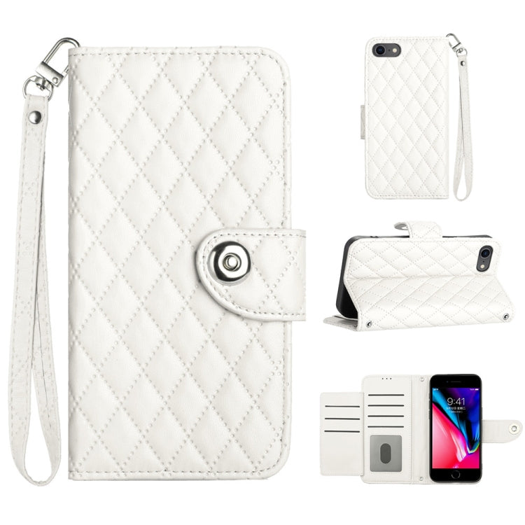 Rhombic Texture Flip Leather Phone Case with Lanyard – Wear-resistant, Lanyard, Card Slot, For iPhone 14 Pro Max, For iPhone SE 2022 / 2020 / 8 / 7, For iPhone 13 Pro Max, For iPhone 13 Pro For iPhone SE 2022 2020 8 7 White